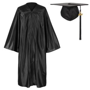 Unisex Shiny Graduation Gown and Cap Set with Tassel Black