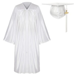 Unisex Shiny Graduation Gown and Cap Set with Tassel White
