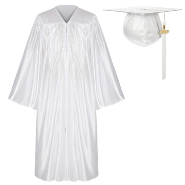 Unisex Shiny Graduation Gown and Cap Set with Tassel White