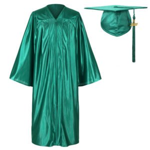 Unisex Shiny Graduation Gown and Cap Set with Tassel Emerald Green