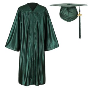 Unisex Shiny Graduation Gown and Cap Set with Tassel  Forest Green