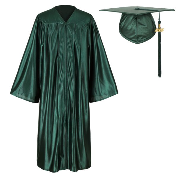 Unisex Shiny Graduation Gown and Cap Set with Tassel  Forest Green