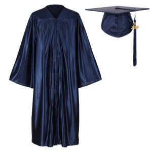 Unisex Shiny Graduation Gown and Cap Set with Tassel Navy Blue