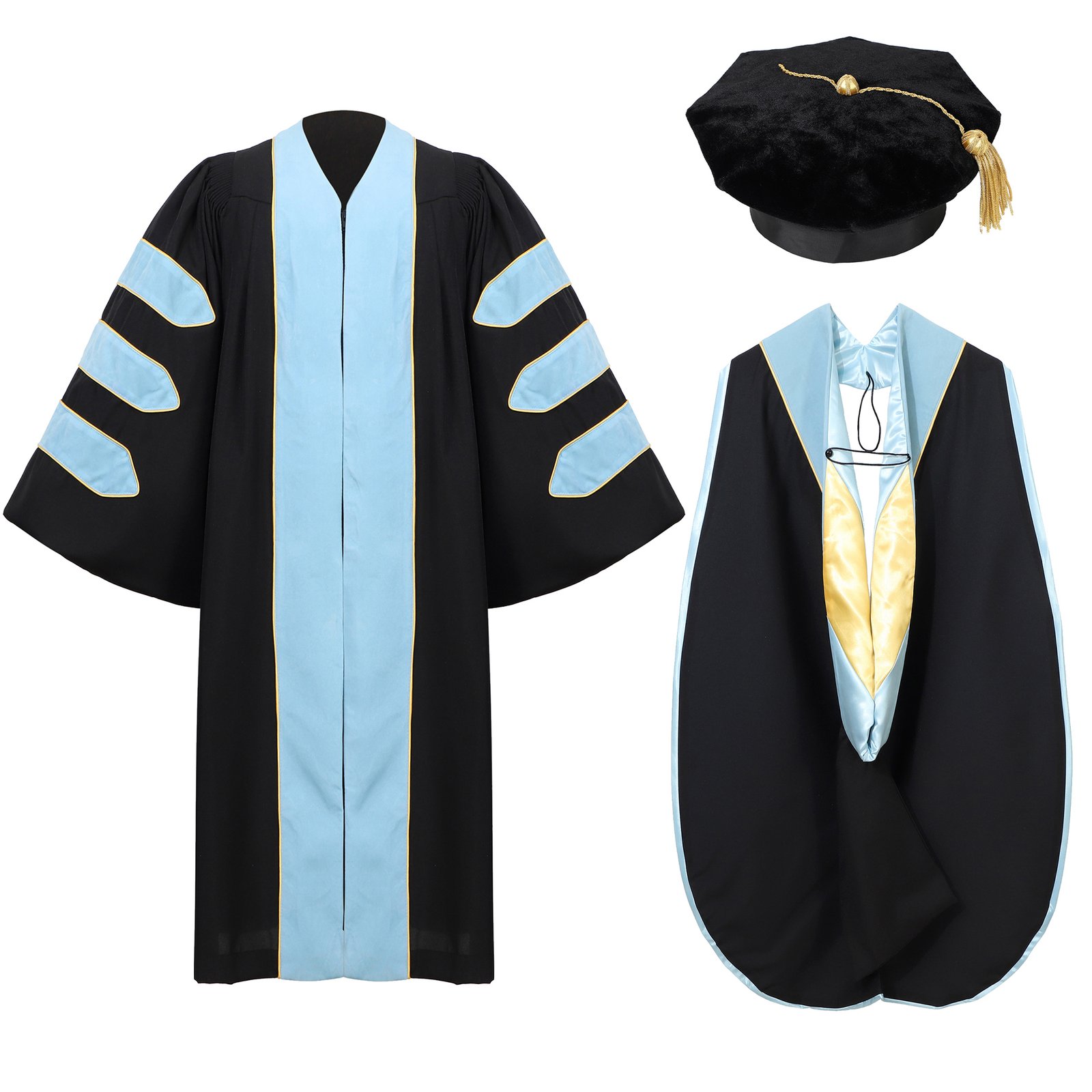 Gradwow Unisex Deluxe Doctoral Graduation Gown Hood&Tam Package Sky Blue