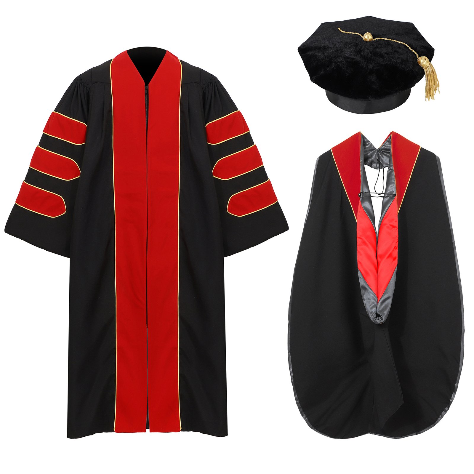 Gradwow Unisex Deluxe Doctoral Graduation Gown Hood&Tam Package Red