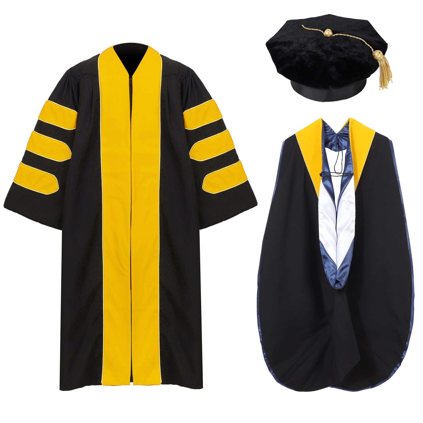 Gradwow Unisex Deluxe Doctoral Graduation Gown Hood&Tam Package Gold